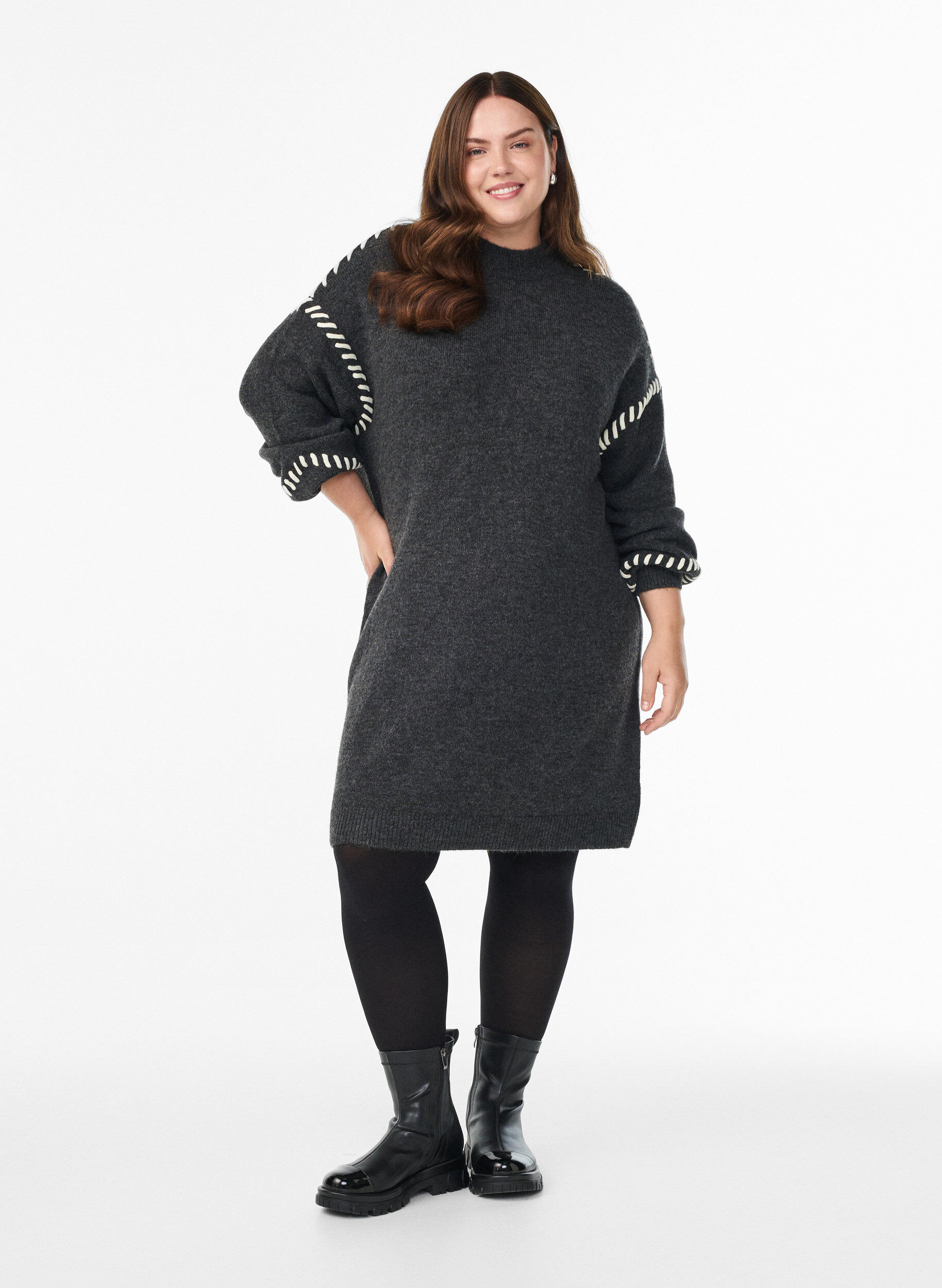 Zizzifashion Knitted dress with contrast stitching, Dark Grey, Model image number 1