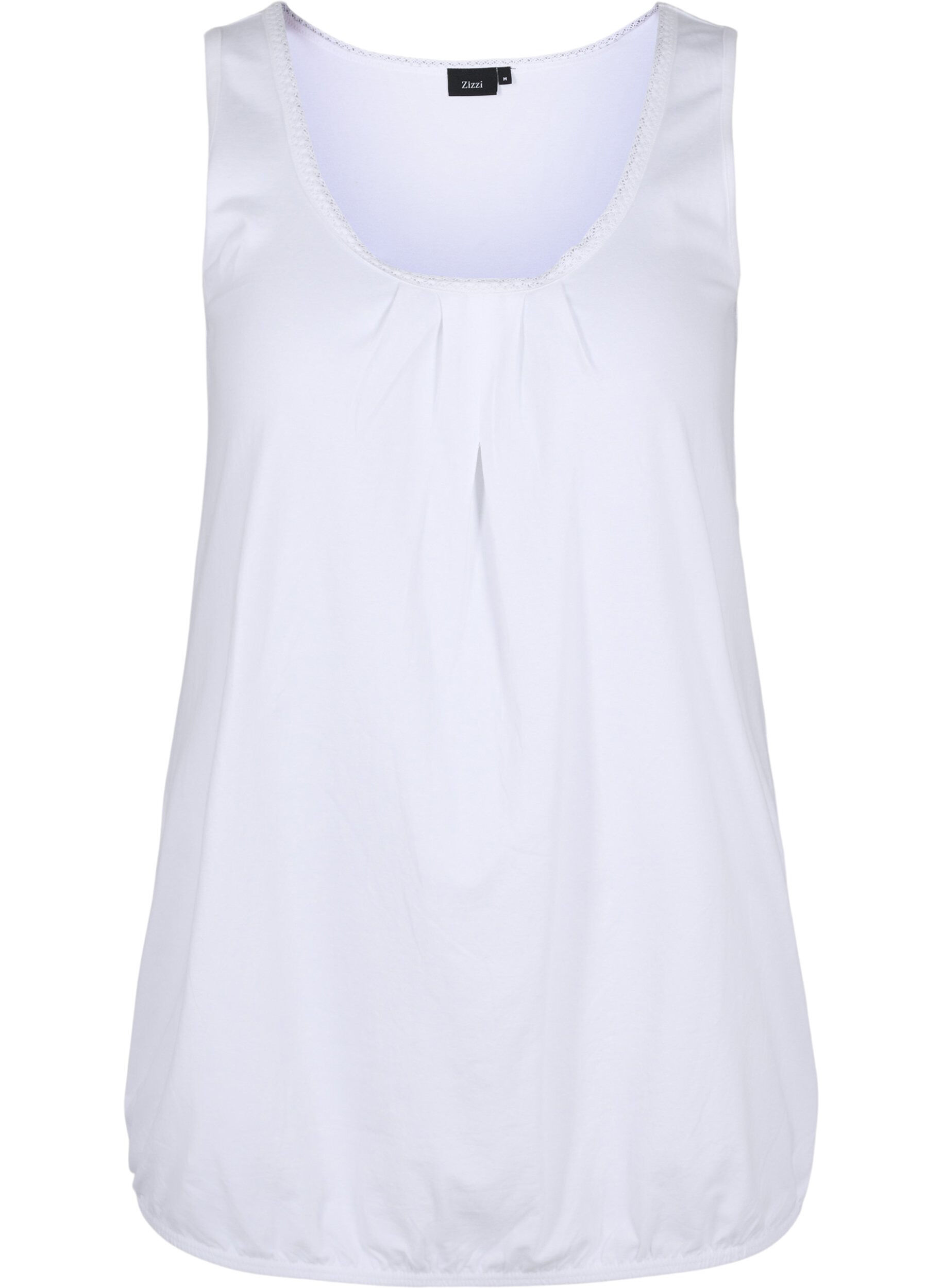 Zizzifashion Cotton top with rounded neckline and lace trim, Bright White, Packshot image number 0
