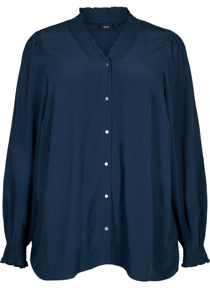 Long-sleeved shirt blouse in viscose, Total Eclipse, Packshot image number 0