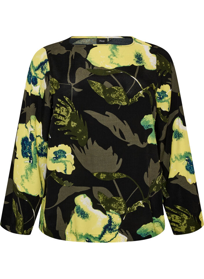 Floral blouse with a boat neck and wide sleeves, Black, Packshot image number 0