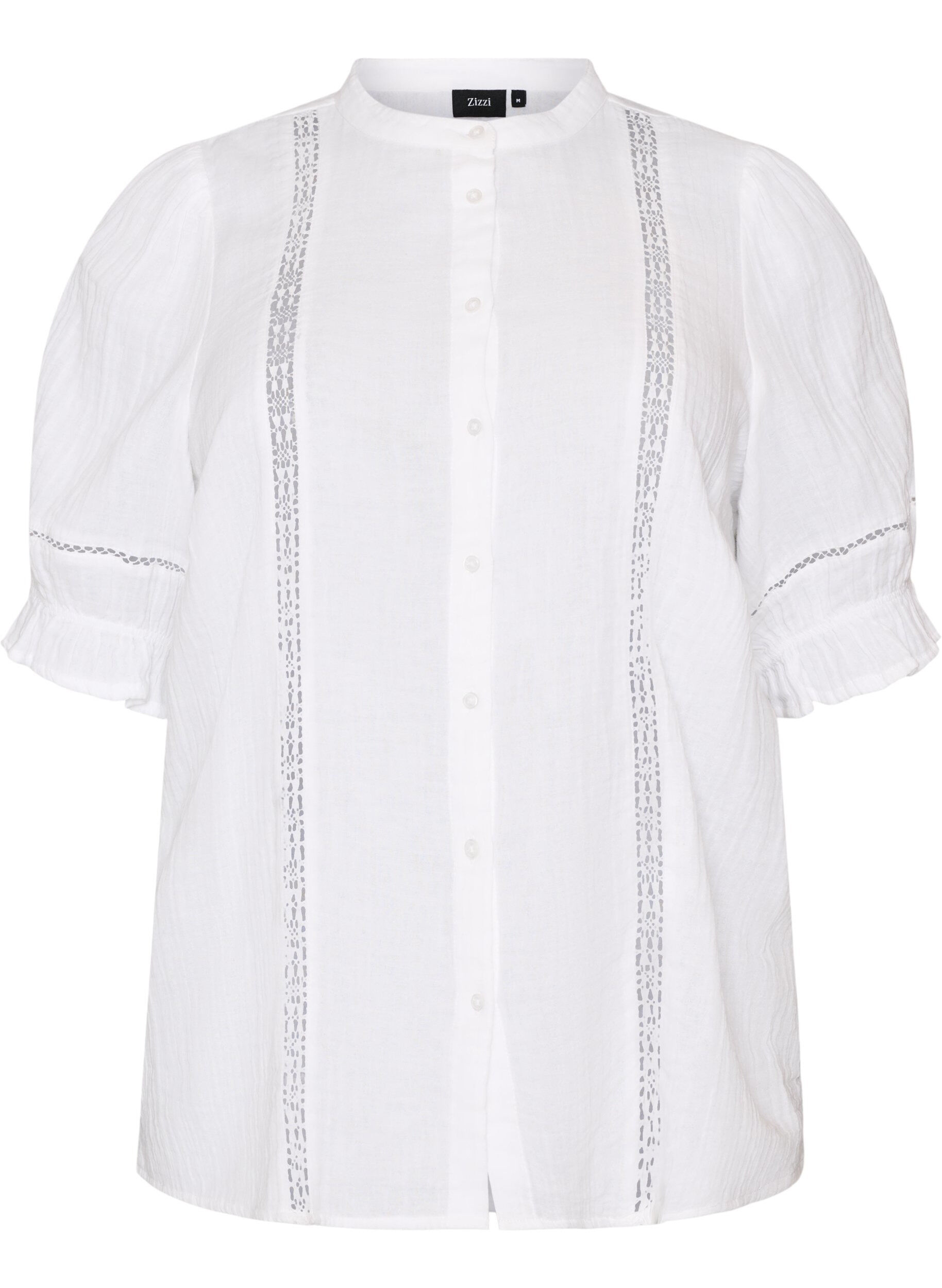 ZizzifashionShort-sleeved cotton muslin blouse with crochet trim, White, Packshot image number 0