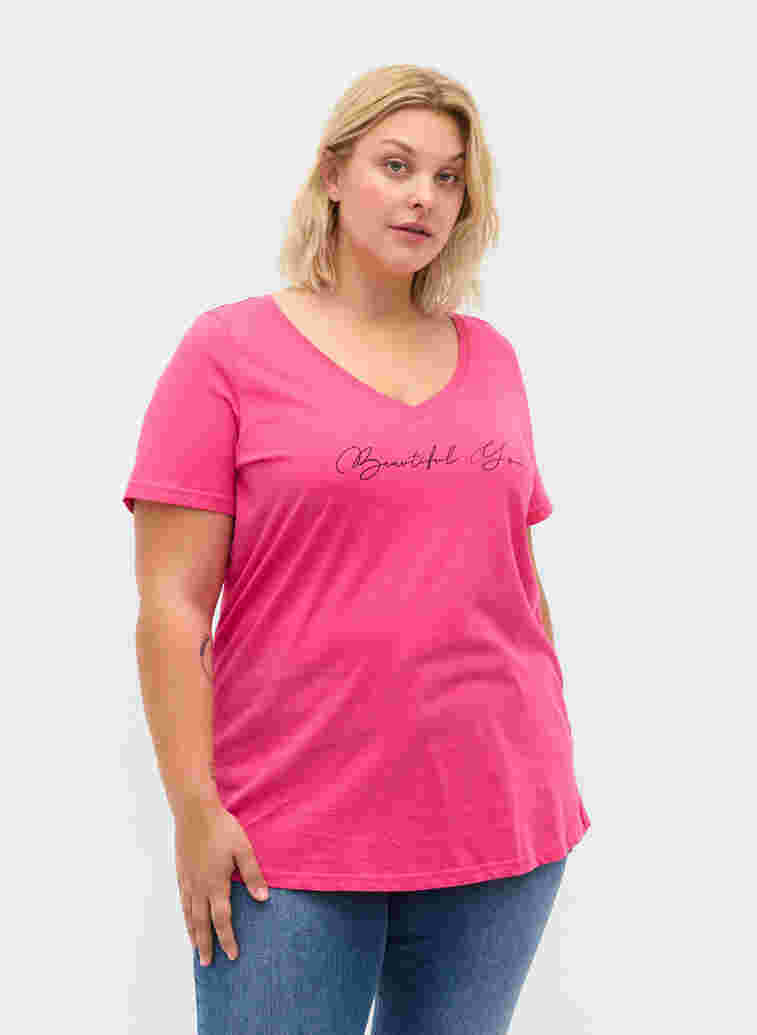 Short-sleeved cotton t-shirt with print, Magenta Beautiful, Model