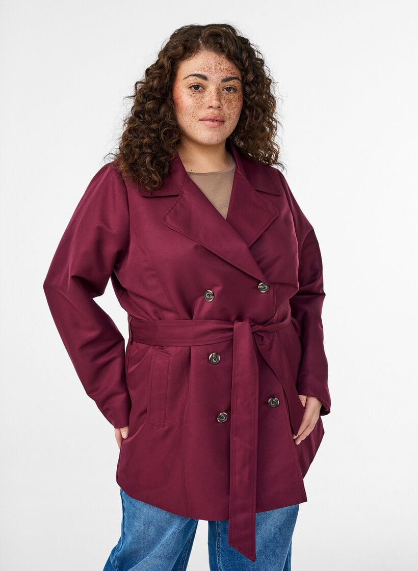 Short trench coat with belt, Dark Bordeaux, Model image number 0