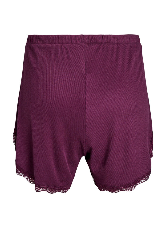 Loose night shorts with ribbed texture and lace trim, Dark Bordeaux, Packshot image number 1