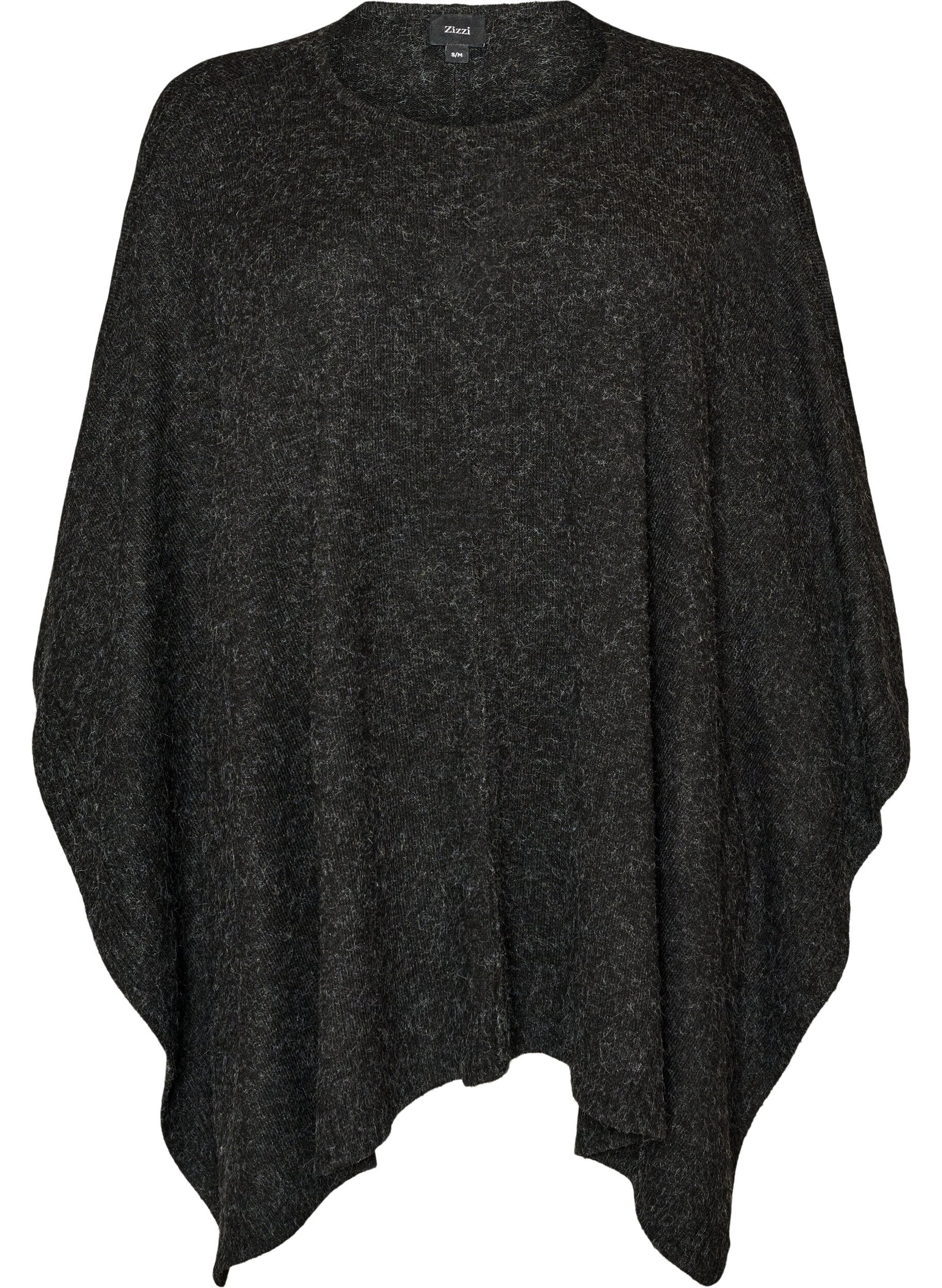 ZizzifashionRound neck knitted poncho, Dark Grey, Packshot image number 0