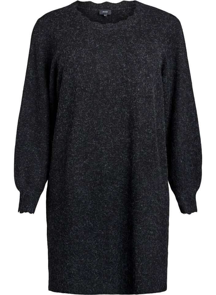 Short knitted dress with wavy hem and slits, Dark Grey, Packshot image number 0