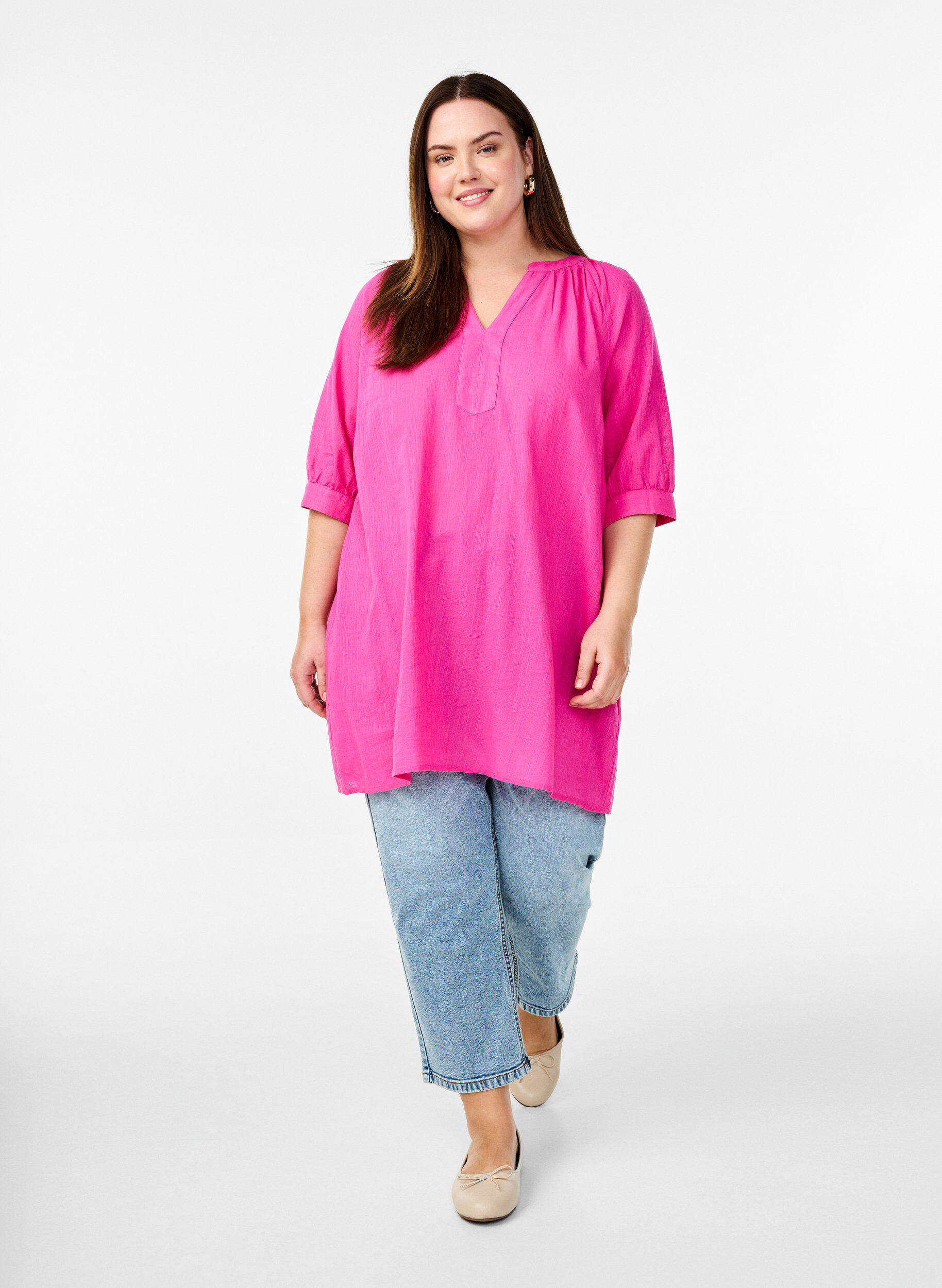 Zizzifashion Cotton tunic with a V-neck, Rose, Model image number 1