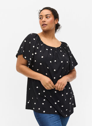 Short-sleeved polka dot viscose blouse, Black w. Dot, Model image number 0
