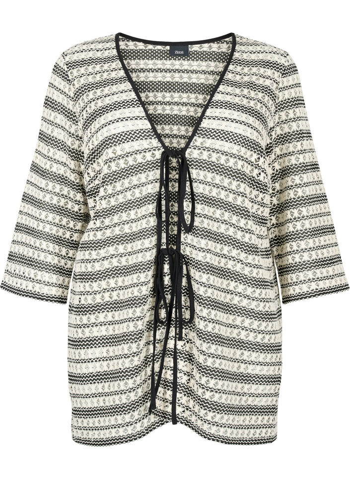 Crochet cardigan with tie belt, Black White, Packshot image number 0