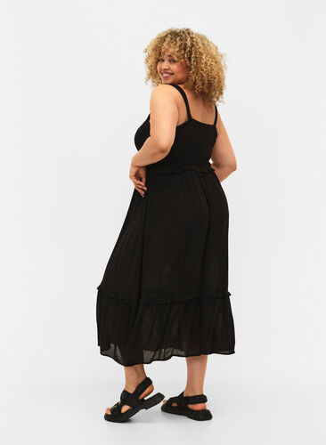 Viscose midi dress with smock, Black, Model image number 1