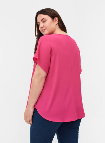 Blouse with short sleeves and a round neckline, Fuchsia Purple, Model image number 1