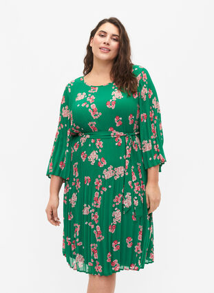 Printed pleated dress with tie string, Jolly Green Flower, Model image number 0