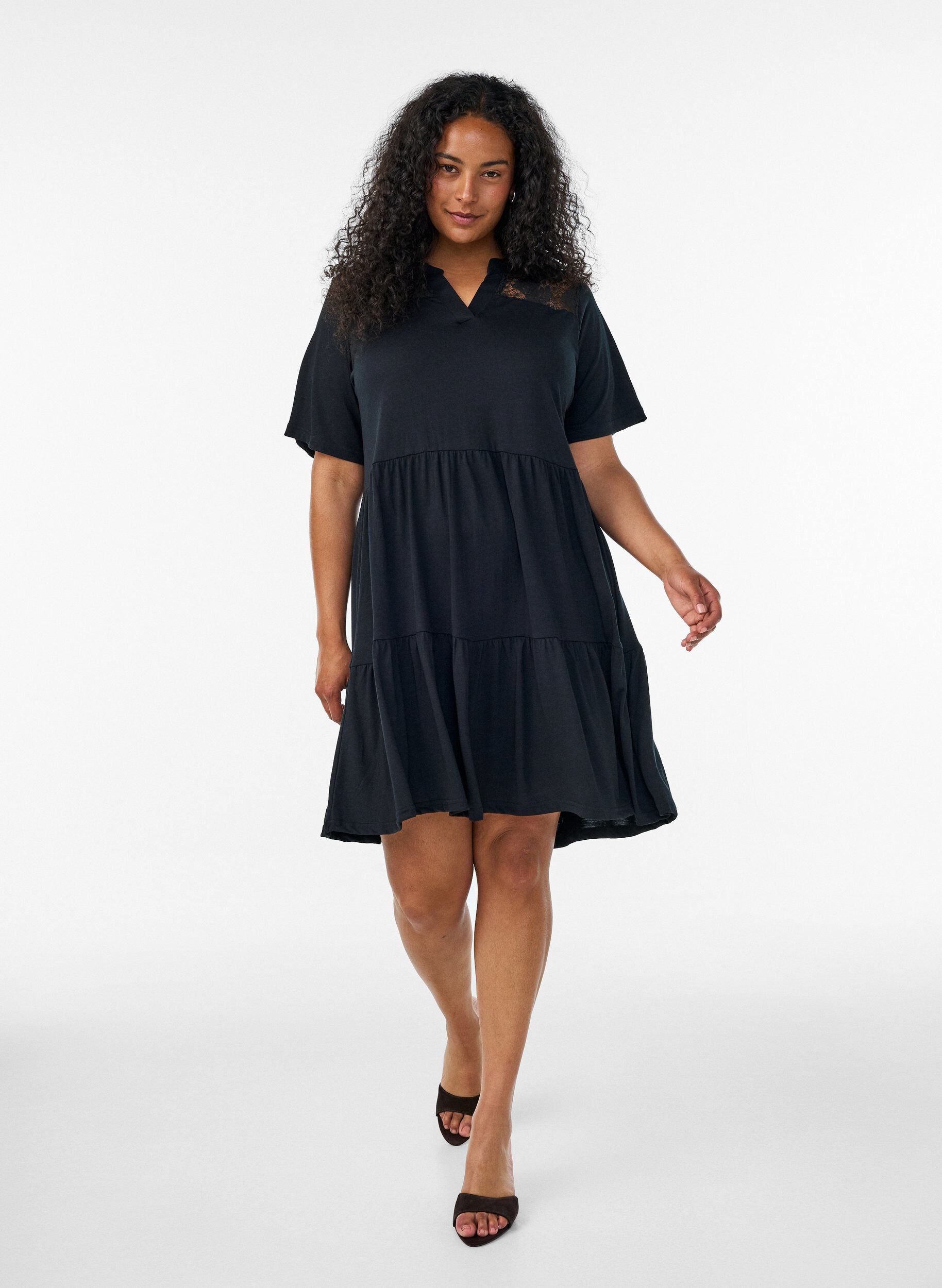 ZizzifashionJersey dress with lace details and a layered skirt, Black, Model image number 1