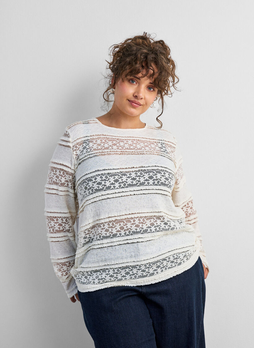 Lace blouse with long sleeves, Vanilla, Model image number 0
