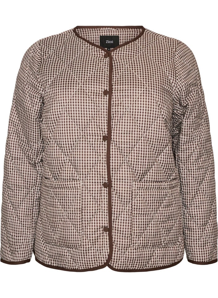 Quilted jacket with small checks and contrast trim, Brown, Packshot image number 0