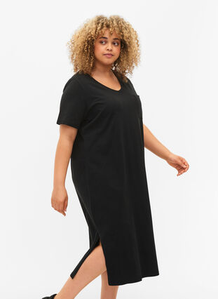 Short sleeve cotton dress with slit, Black, Model image number 2