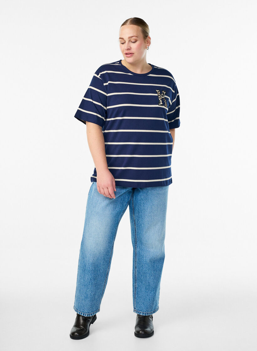 T-shirt with stripes and leopard detail, Blue, Model image number 1