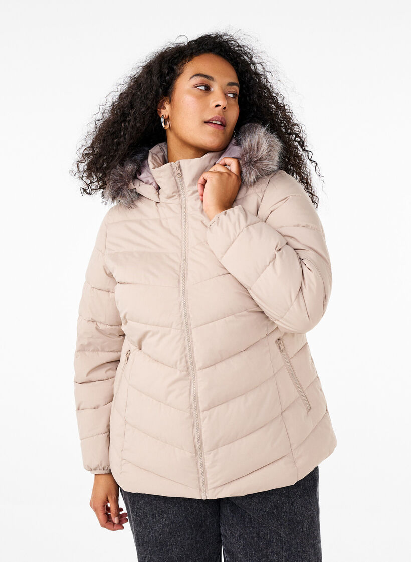 Short puffer jacket with hood, Beige, Model image number 0