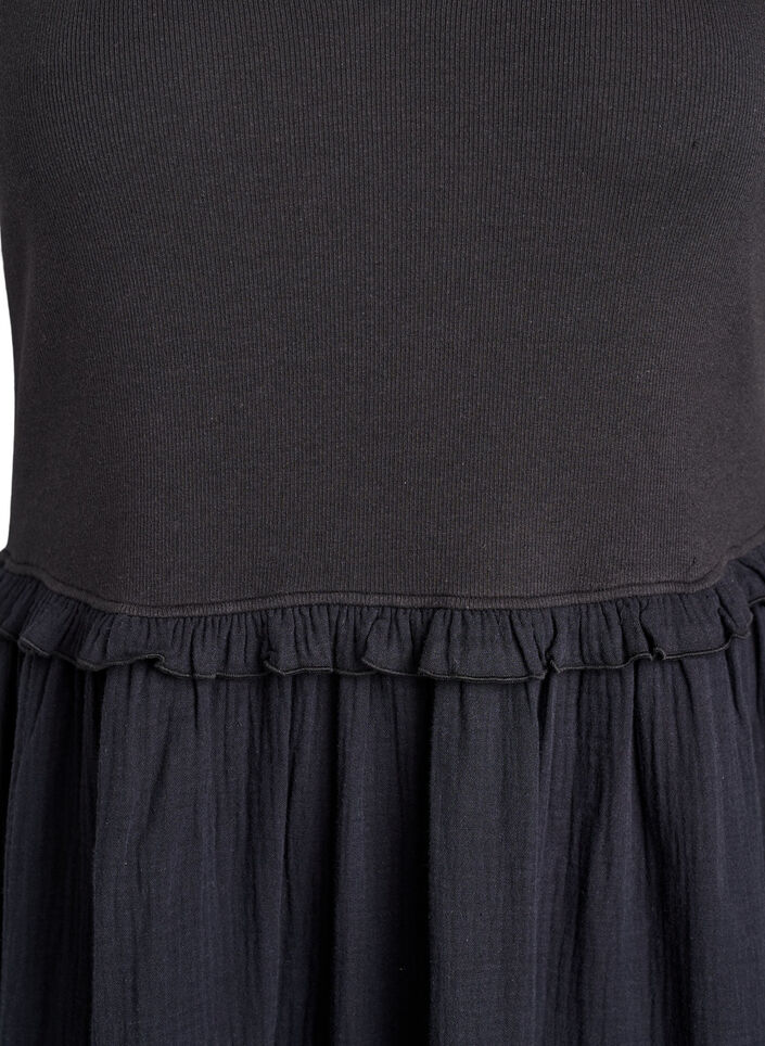 Sleeveless cotton midi dress with rib and muslin, Black, Packshot image number 2