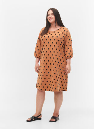Polka dot dress with 3/4 sleeves, Almond Black Dot, Model image number 2