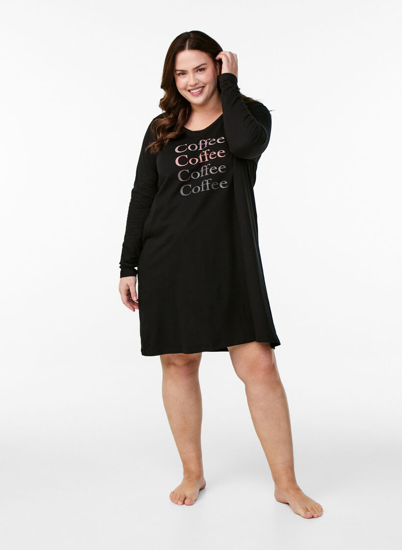 Long-sleeved nightgown in organic cotton, Black, Model image number 1
