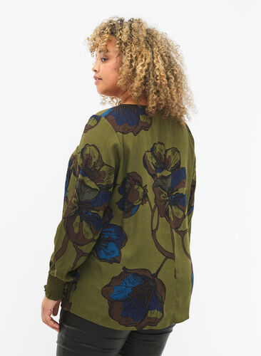 Long sleeved viscose blouse with floral print	, Green Big Flower, Model image number 1