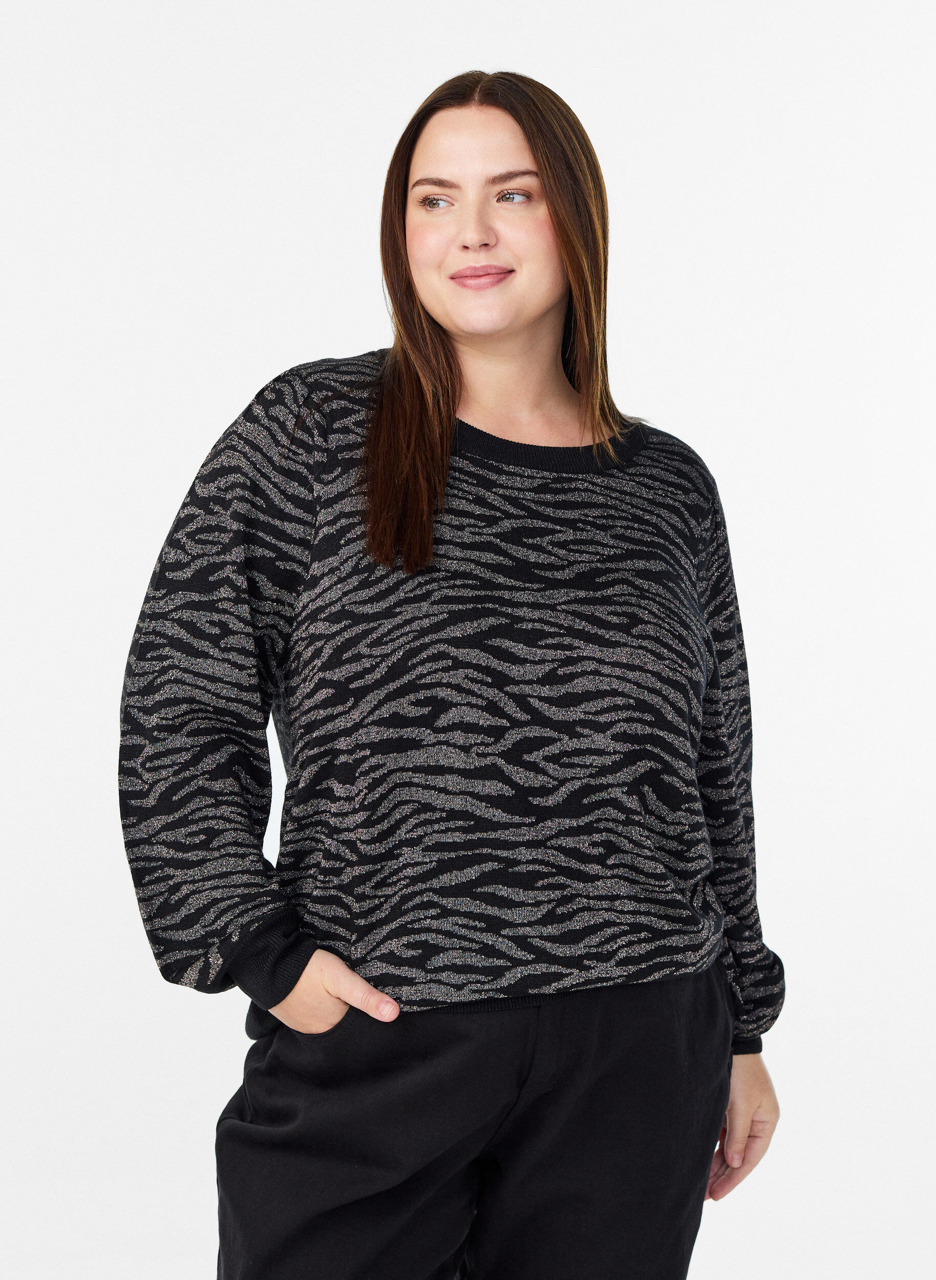 Patterned knit blouse with glitter effect, Black, Model
