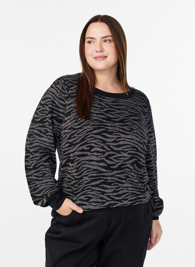 Patterned knit blouse with glitter effect, Black, Model image number 0