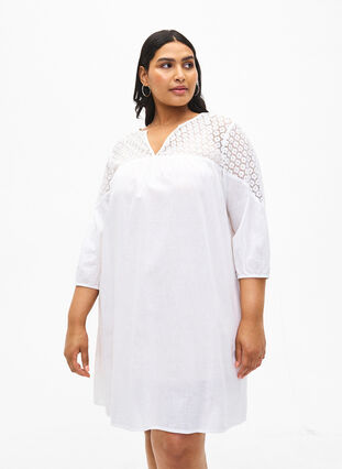 Dress in a cotton blend with linen and crochet detail, Bright White, Model image number 0
