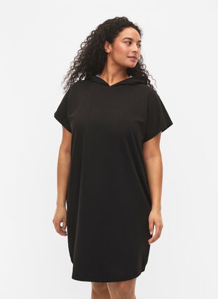 Short-sleeved jumper dress with hood, Black, Model image number 0