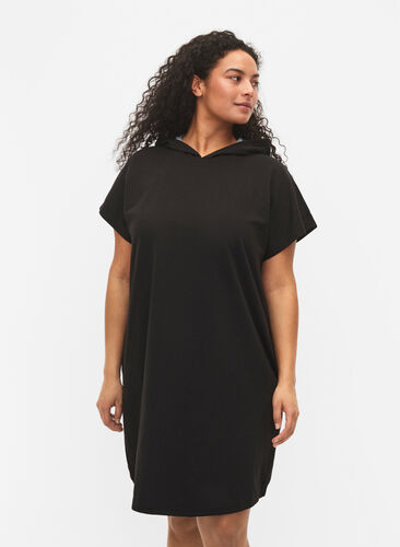 Short-sleeved jumper dress with hood, Black, Model image number 0