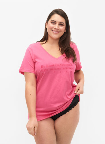 Cotton pyjama t-shirt with print, Hot Pink w. Be, Model image number 0