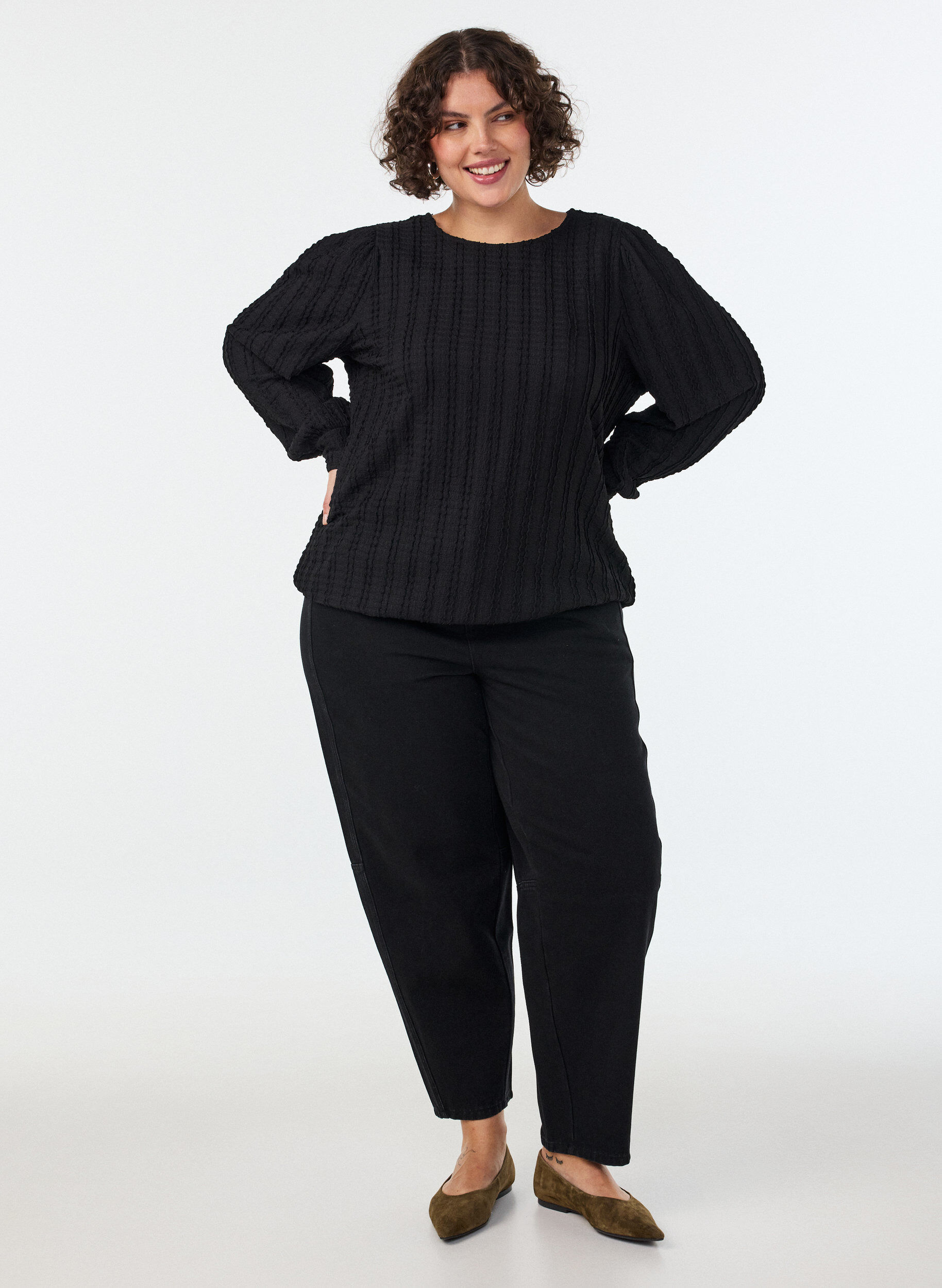 ZizzifashionTextured jersey blouse with a balloon silhouette, Black, Model image number 1