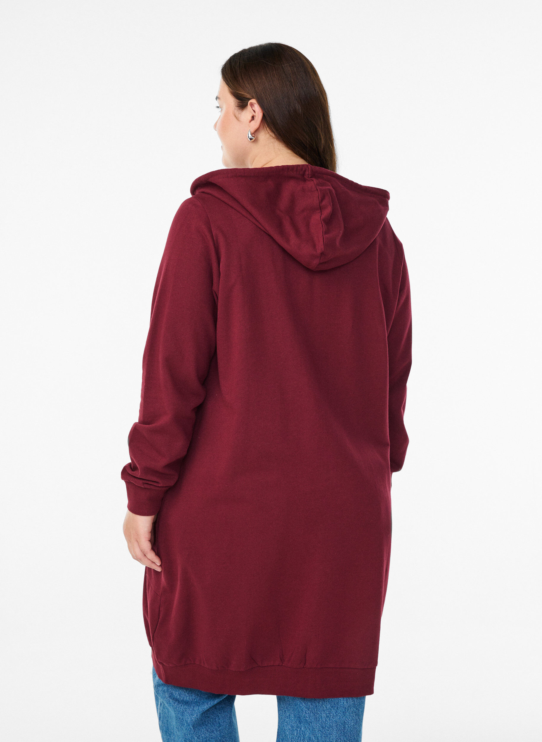 Zizzifashion Long cotton sweat cardigan with hood, Dark Bordeaux, Model image number 2