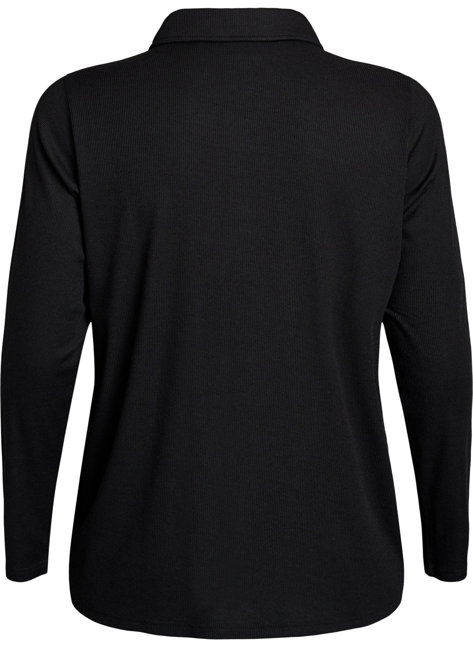 Zizzifashion Long-sleeved polo in stretchy ribbed quality, Black, Packshot image number 1