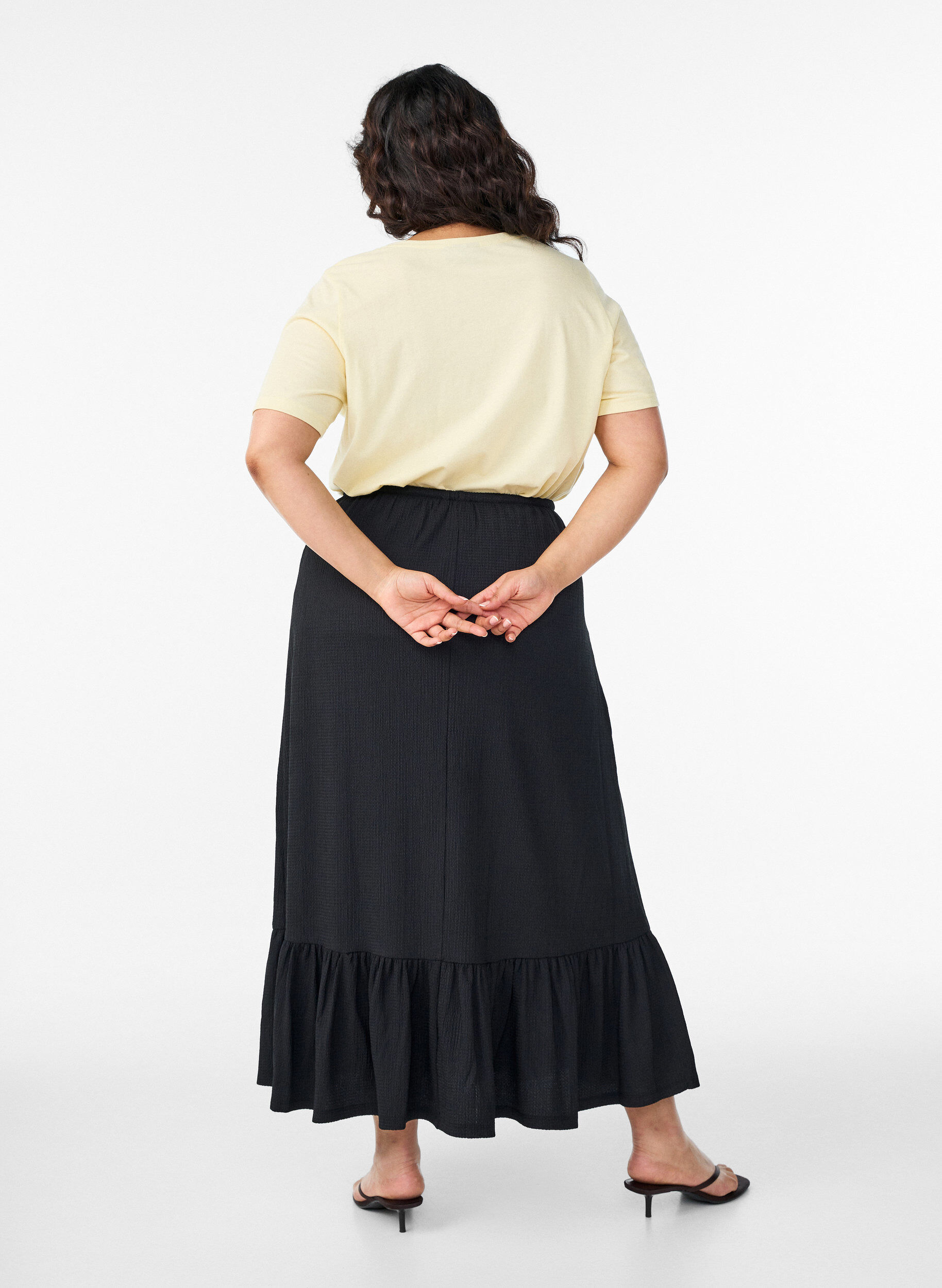 ZizzifashionLong skirt with tie belt and ruffle hem, Black, Model image number 1