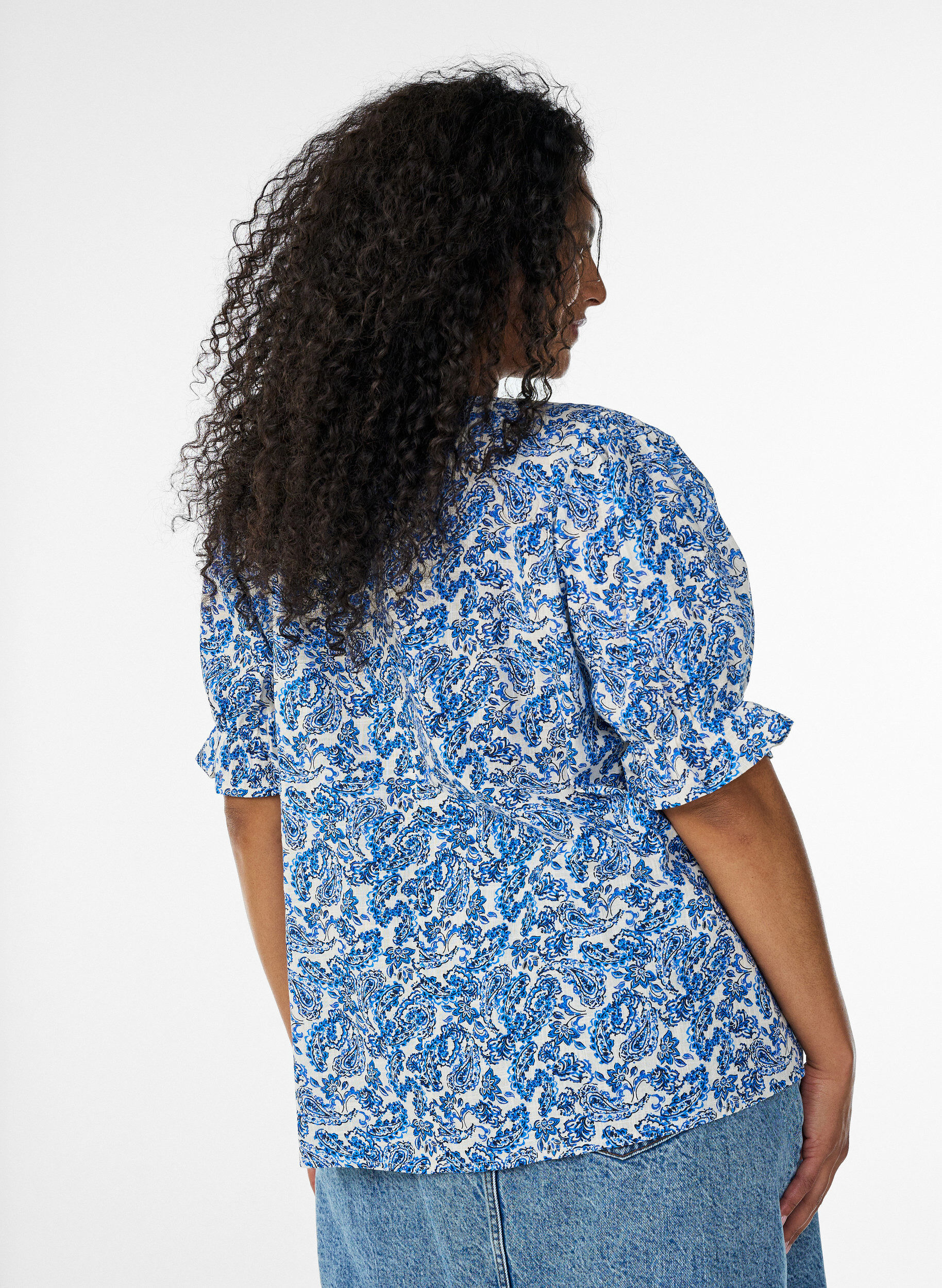 ZizzifashionCotton blouse with a square neckline, Blue, Model image number 2