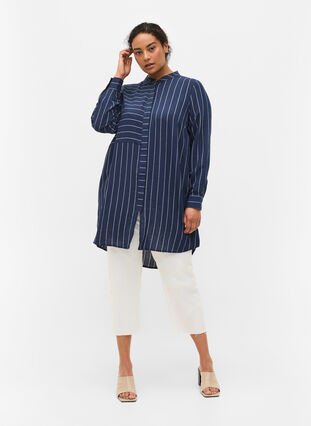 Long striped shirt in a viscose mix, Blue/White, Model image number 2