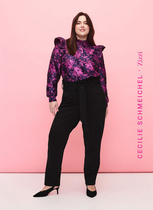 High-waisted trousers with ruffles and tie string, Black, Model image number 0