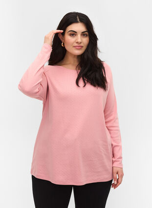Long-sleeved cotton blouse with hole pattern, Blush, Model image number 0