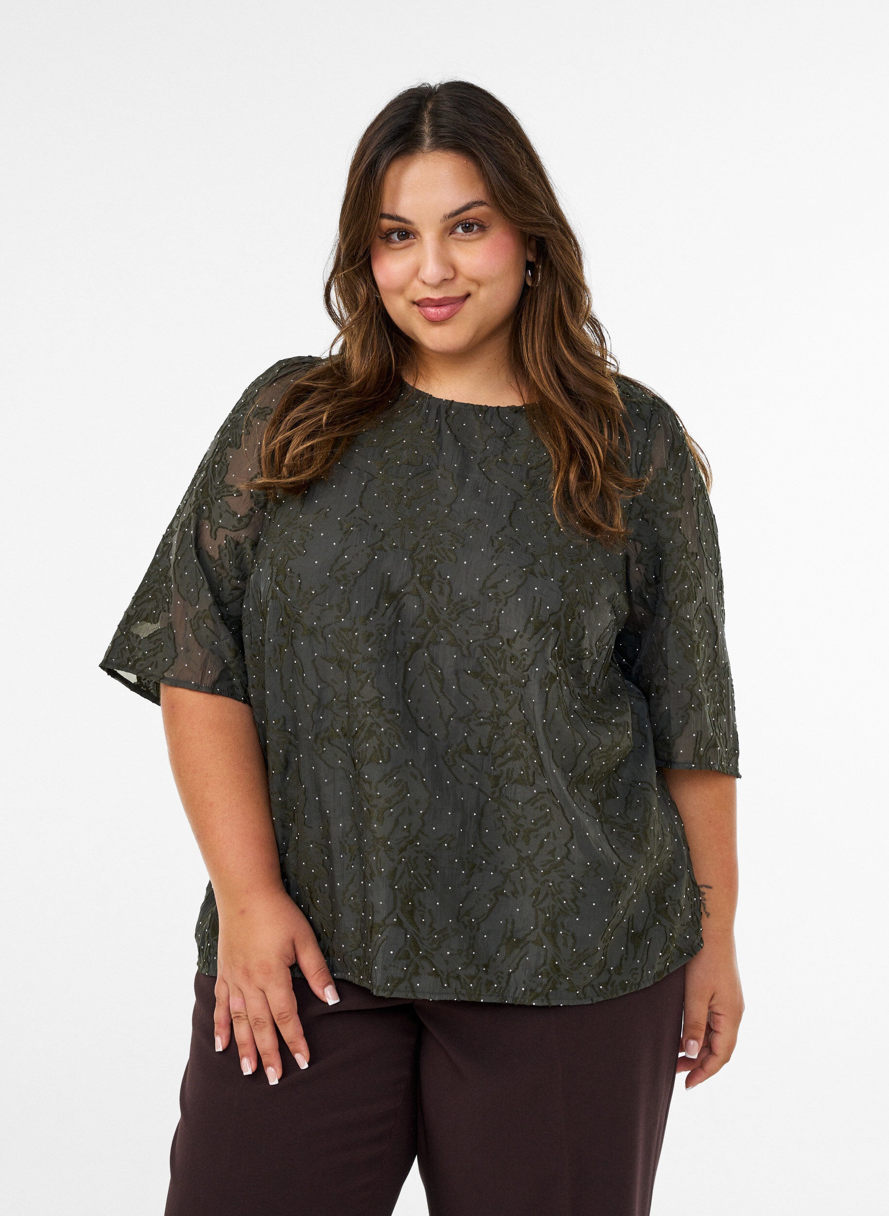ZizzifashionJacquard blouse with sparkly details and puff sleeves, Green, Model image number 0