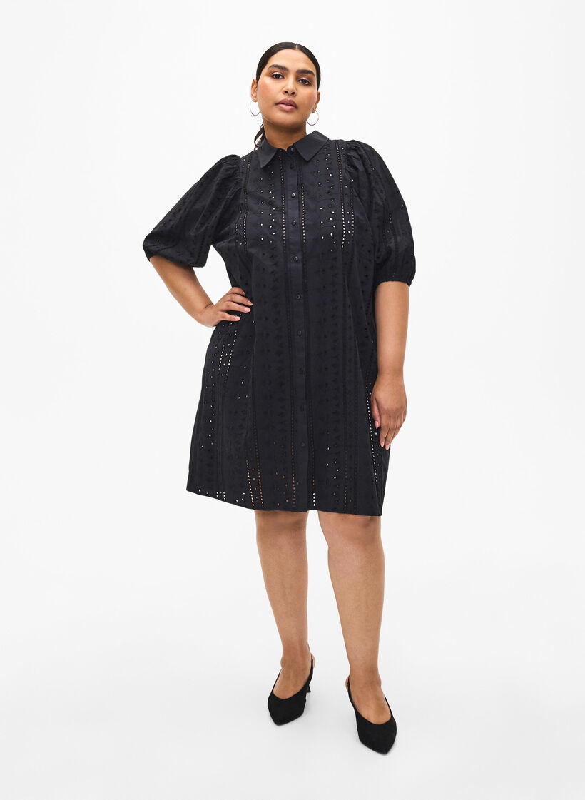 Cotton shirt dress with broderie anglaise, Black, Model image number 2