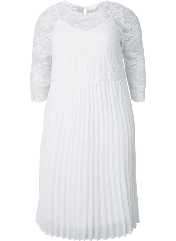 Pleated dress with lace and 3/4 sleeves, Bright White, Packshot image number 0