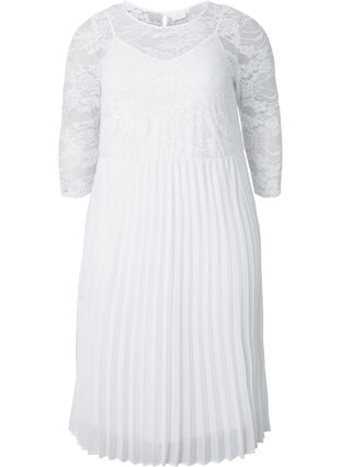 Pleated dress with lace and 3/4 sleeves - White - Sz. 40-64 - Zizzifashion Pleated dress with lace and 3/4 sleeves - White - Sz. 40-64 - Zizzifashion