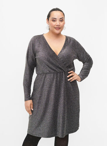 Glitter dress with wrap look and long sleeves, Black Silver, Model image number 0