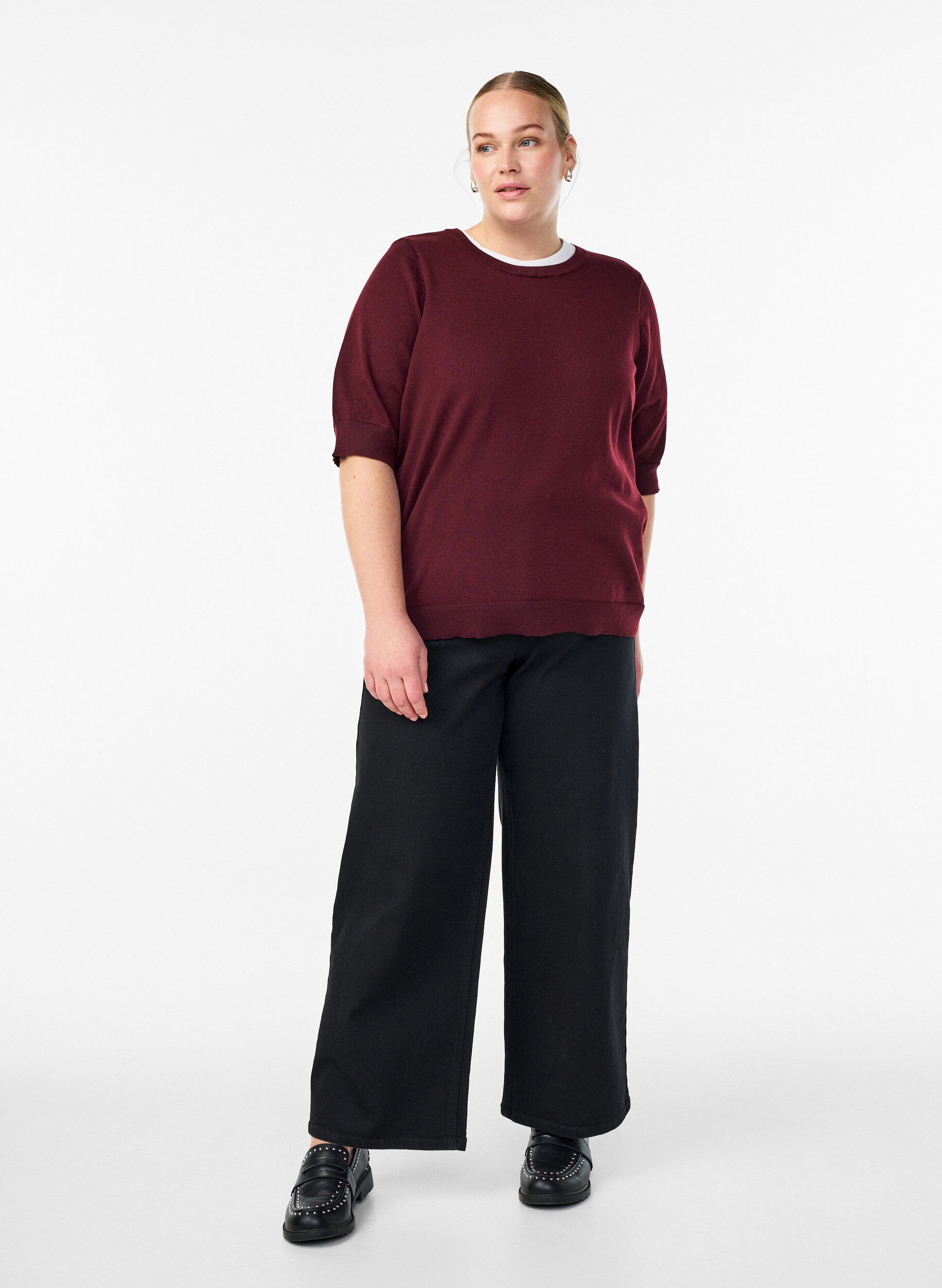 ZizzifashionFine-knit blouse with short sleeves, Red, Model image number 1