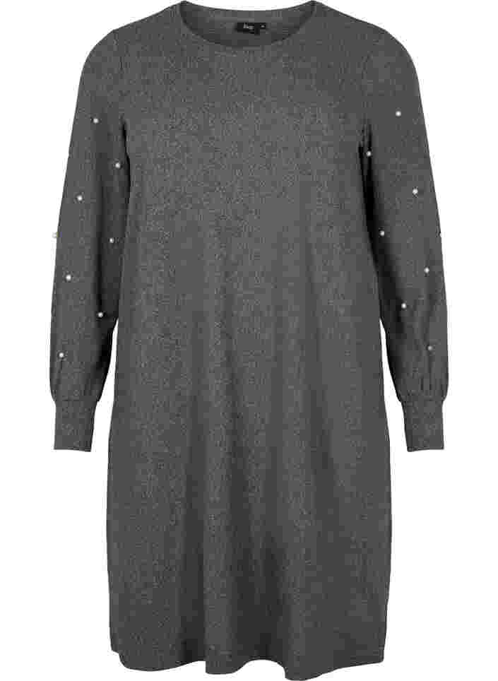 Long sleeve dress with pearl details, Dark Grey Melange, Packshot image number 0