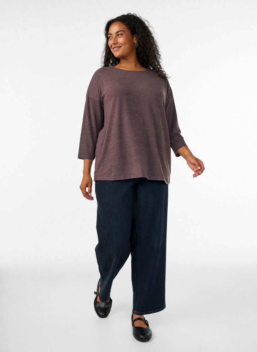 Jersey blouse with 3/4 sleeves, Brown, Model image number 1