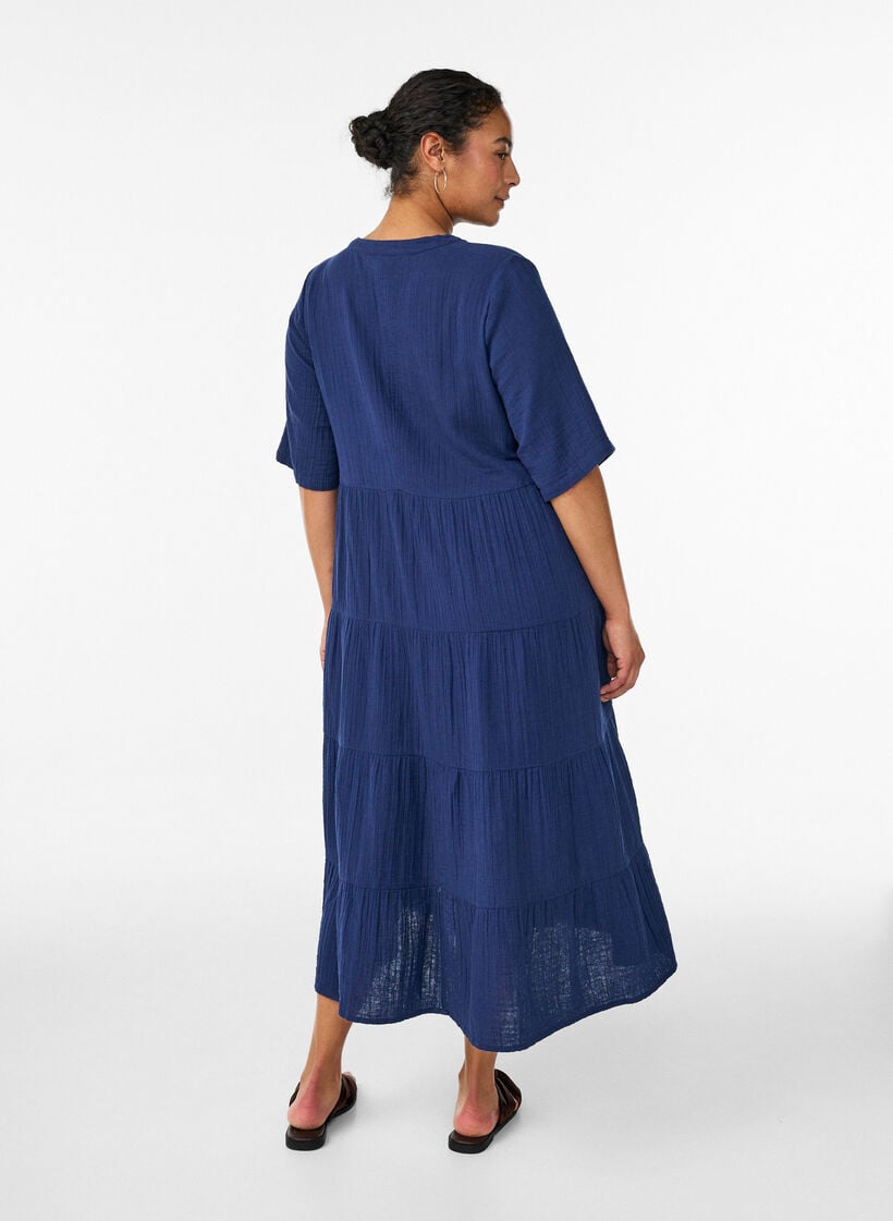A-line midi dress in cotton muslin, Blue, Model image number 1