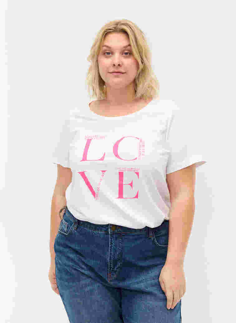 Short-sleeved cotton t-shirt with print, Bright White LOVE, Model image number 0